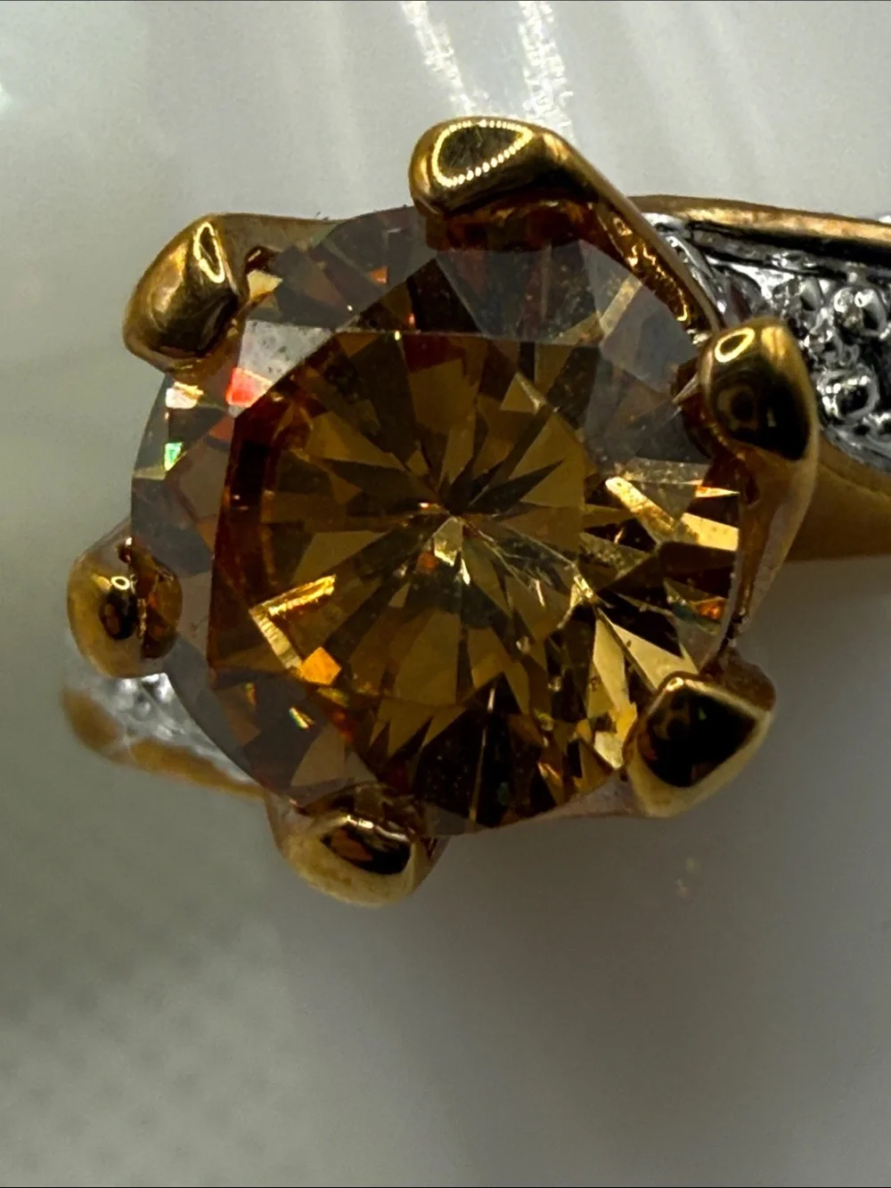 Vintage Gold-Tone plated Citrine Solitaire Ring Pavé Accents mixed metal glam
